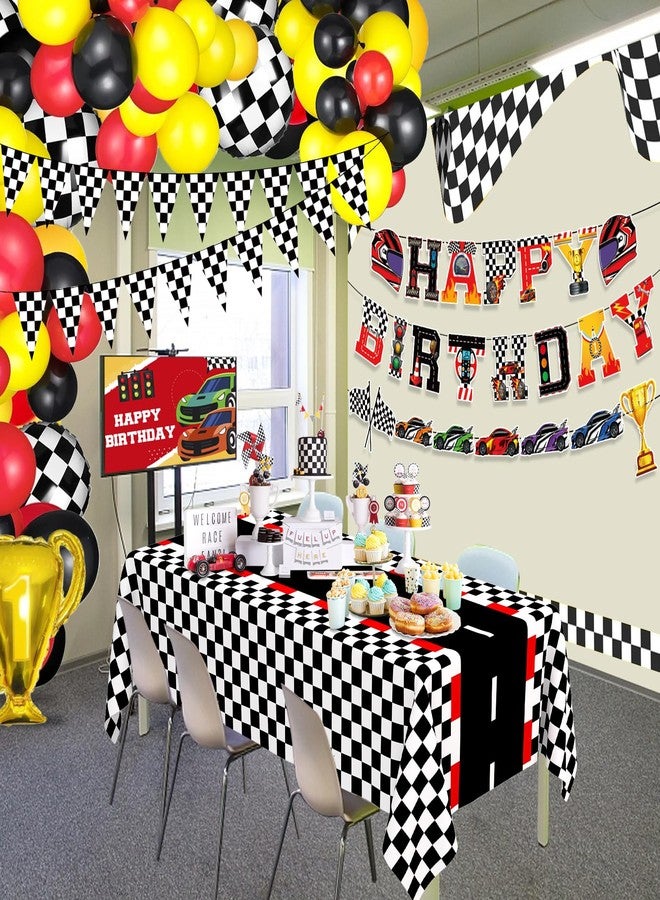 WNINK Racing Car Theme Tablecloths Happy Birthday Banner Racetrack Rectangular Tablecloth Race Car Party Decor Kit, for Race Car Birthday Party Decorations, 54 x 108 Inch - Image 3